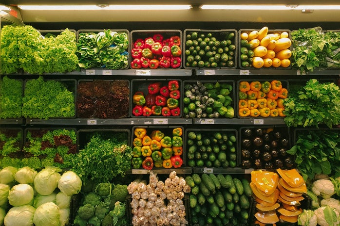a grocery store produce wall