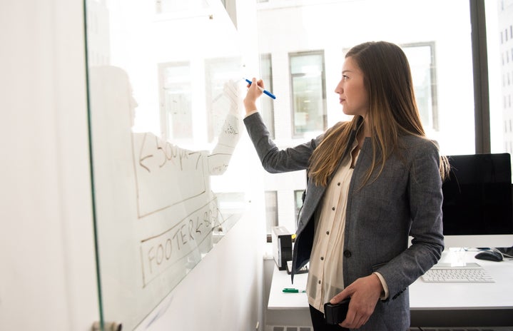 a woman in business casual stands in front of a white board, writing with a marker in an office space