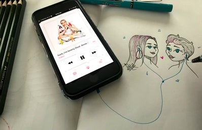 A drawing of two girls listening to music together