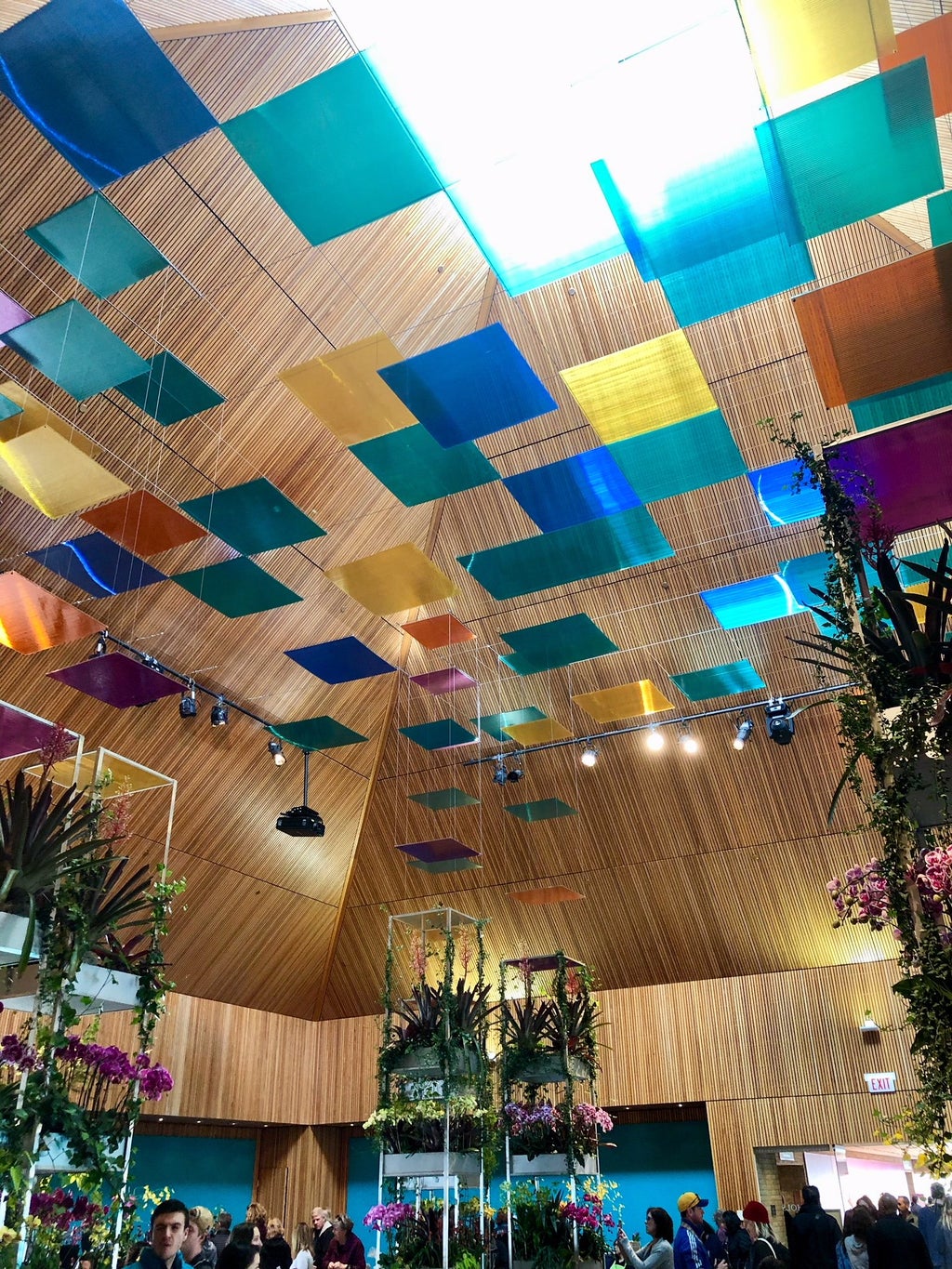 Ceiling with colorful glass squares at Chicago Botanic Garden