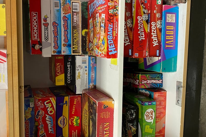 board games in a cabinet