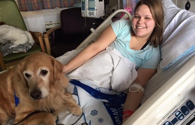 woman sitting in a hospital bed with a service dog