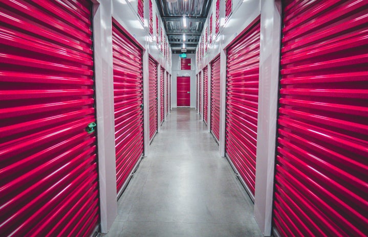 a hallway in a storage facility with purple rolling doors lining each side.