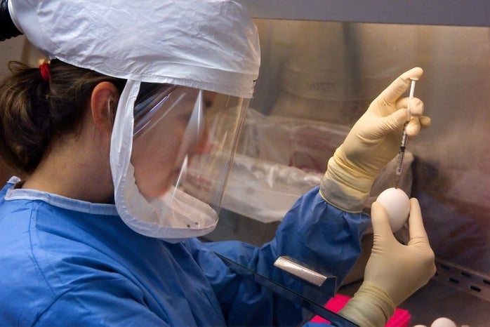 woman holding syringe wearing PPE