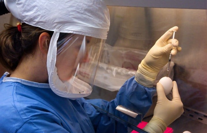 woman holding syringe wearing PPE