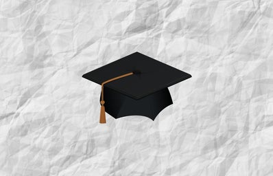 A graphic of a graduation cap against a crumpled paper background.