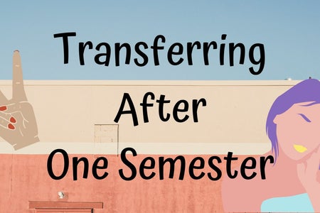 article cover for "transferring after one semester", cartoon girl and peace sign