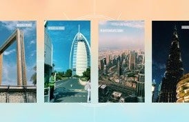 Four pictures of Dubai sites including the Burj Khalifa, image overlooking the city, the Dubai Frame, and Burj Al Arab