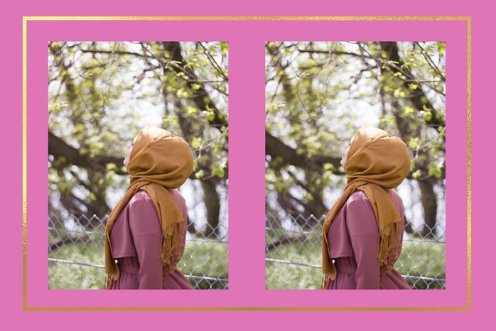 Woman in hijab enjoying the summer breeze under trees