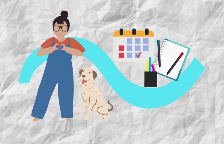 girl and her dog with a calendar, planner, and pens