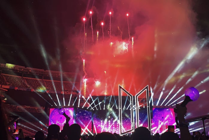Fireworks at Kpop band BTS concert at MetLife Stadium