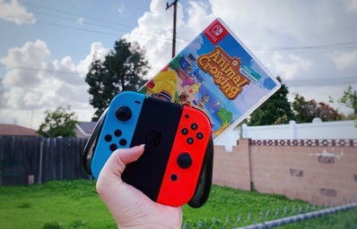 animal crossing game and Nintendo switch controller being held up