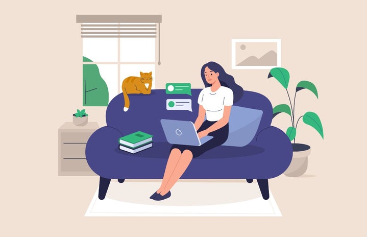 Freelance Girl Working at Home Sitting on Sofa with Laptop and Cat