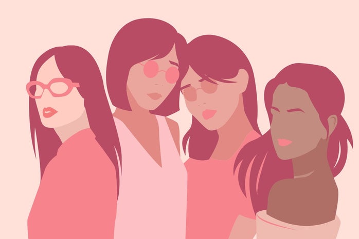 Pink cartoon graphic of women