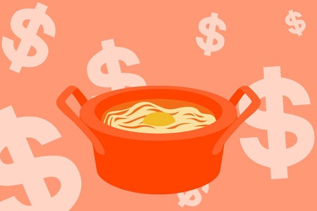 Orange graphic of ramen and dollar signs