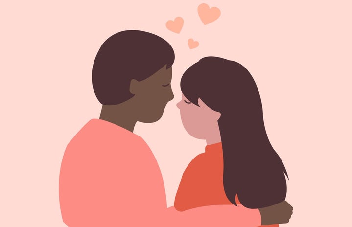 Pink graphic of a couple in love