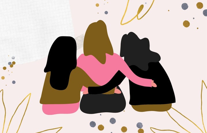 three animated girls with their arms around each other sitting down