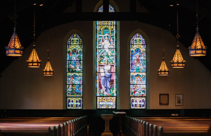 inside of church with stain glass