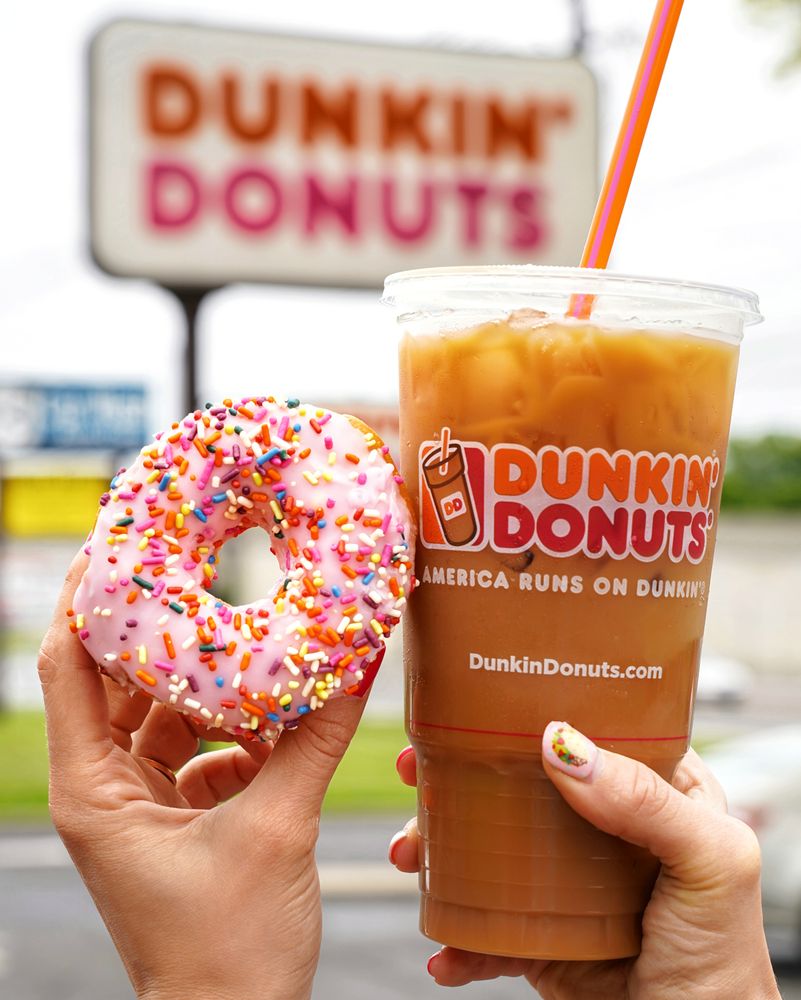 A picture of a drink and donut from dunkin.