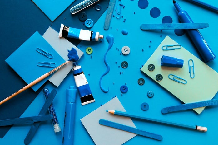 a bunch of blue items on a blue background