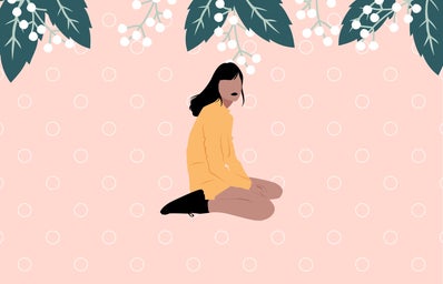 cartoon girl kneeling on the ground, flowers and leaves hanging above her