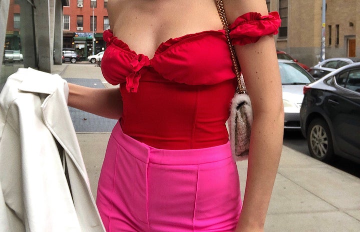 Red and pink outfit with bag