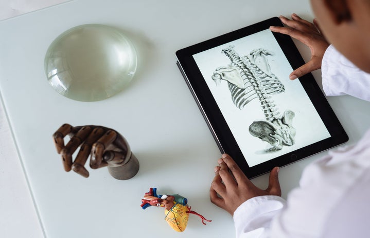 offscreen scientist examining a skeleton on a tablet screen