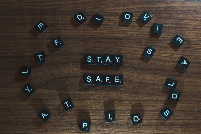 Black and white stay safe letters