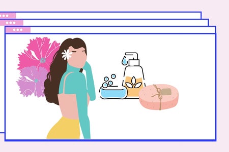 girl with flowers and skincare products