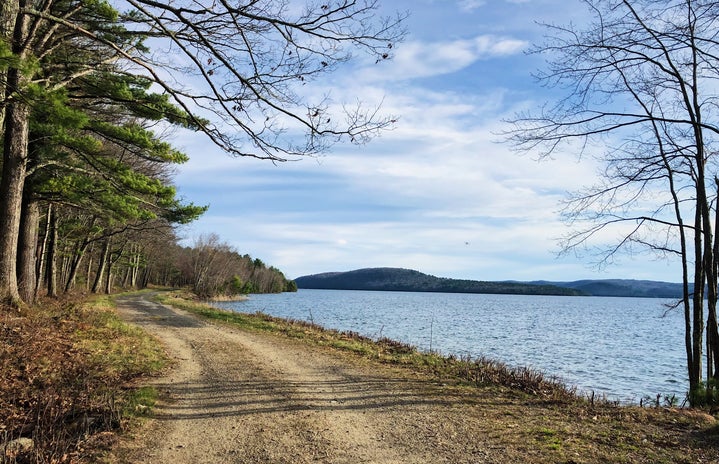 view of Quabbin walking trail with mountains