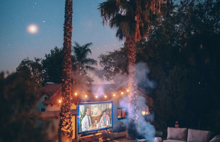 Backyard movie projector outside