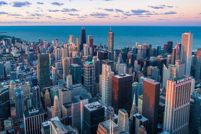 aerial view of sunrise in Chicago by unsplash?width=698&height=466&fit=crop&auto=webp