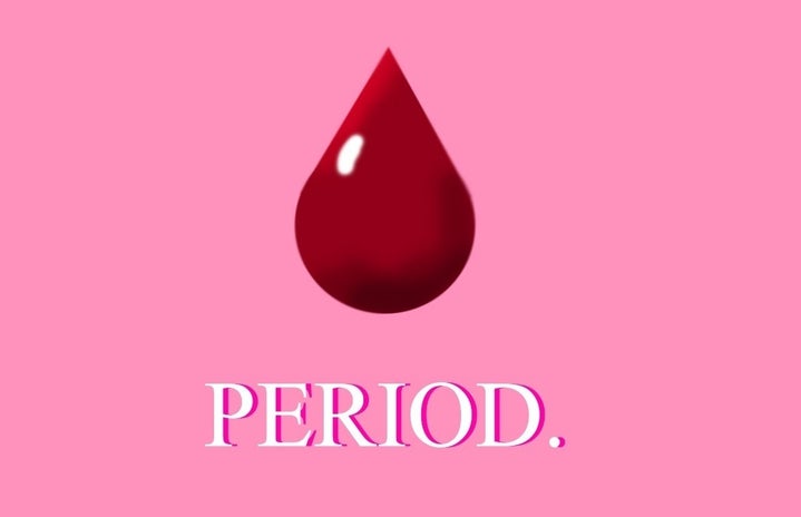An illustration of a red droplet on a pink background with the caption \"PERIOD.\"