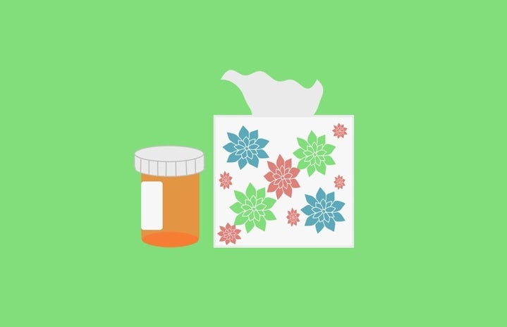 An illustration of a medicine bottle and tissue box on a green background.