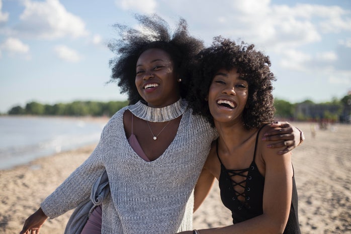 Shallow focus on two Black women walking on a beach