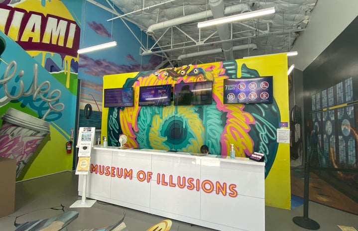 Colorful front desk to the entrance of the Museum of Illusions