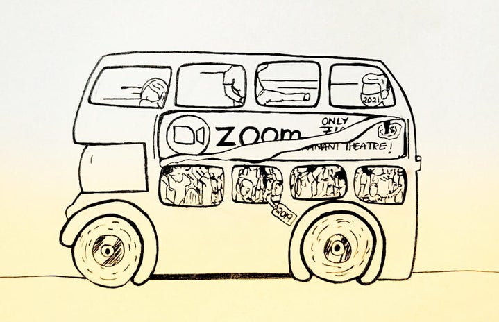 A cartoon bus with Zoom written on it