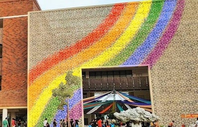 A photo of Ashoka University\'s campus with the pride flag painted on it