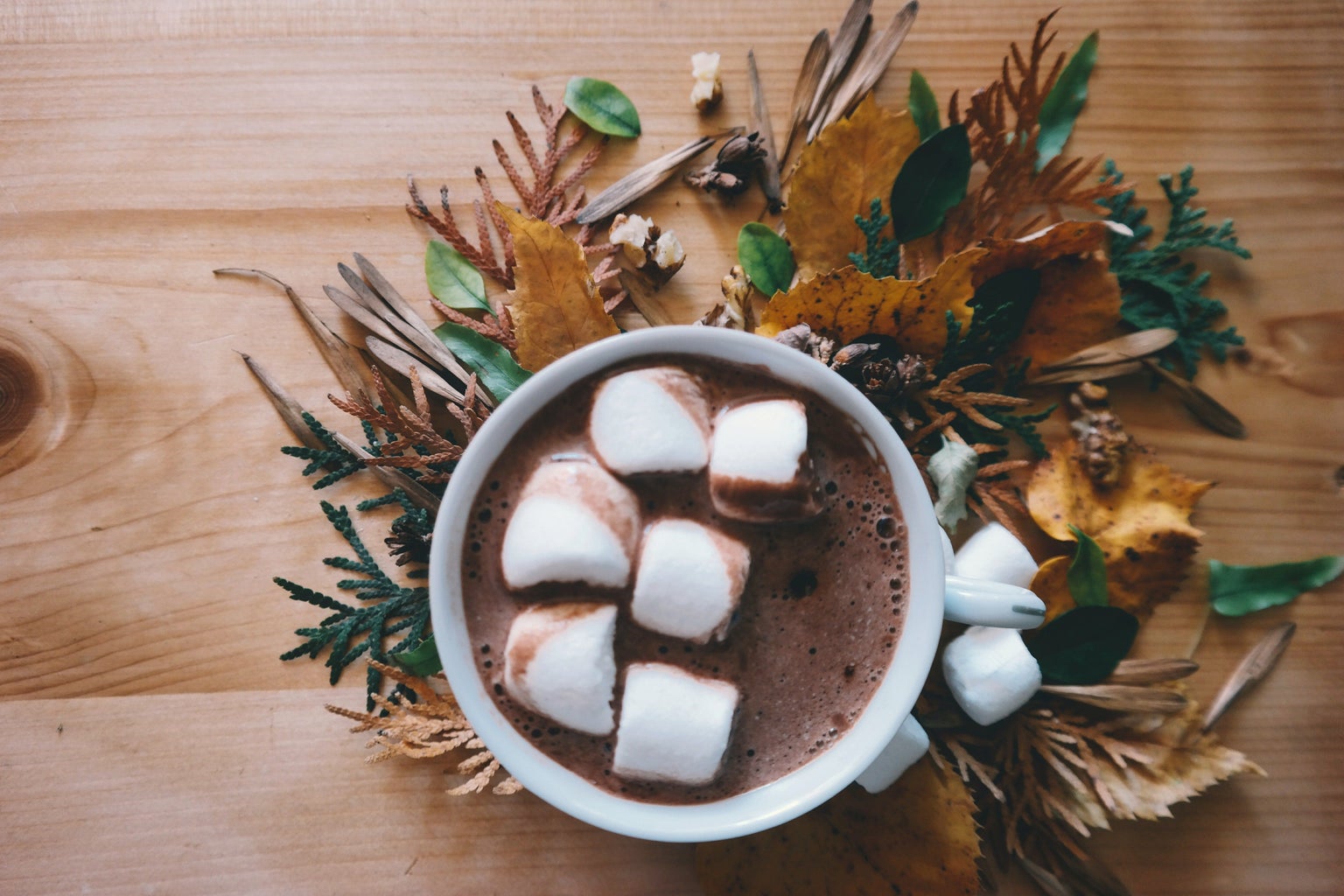 Hot Chocolate in Mug on a wooden table surrounded by leaves