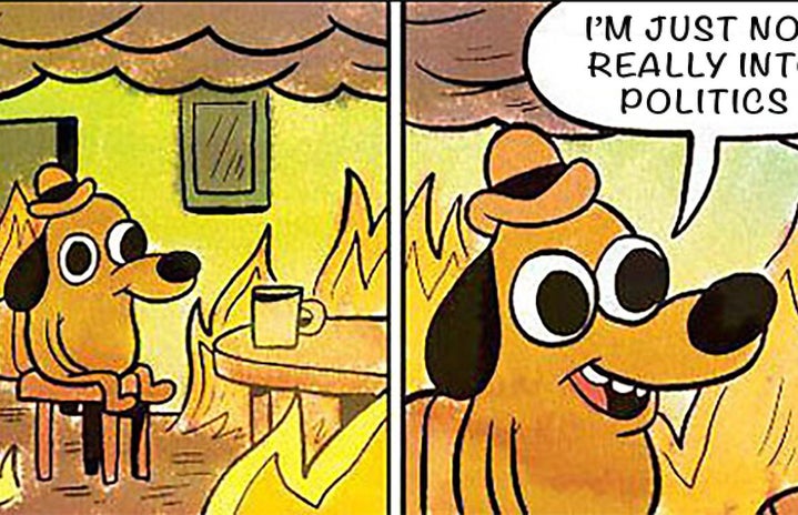 A meme of an animated dog as he sits while everything around him is on fire