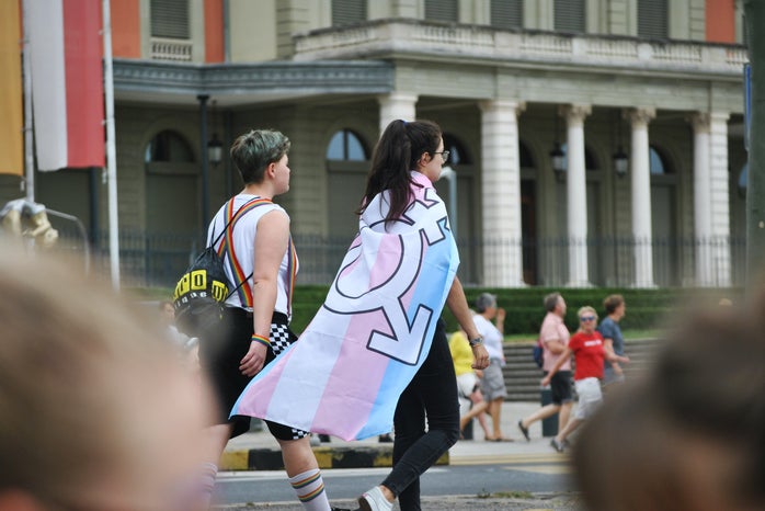 Person wearing trans pride flag