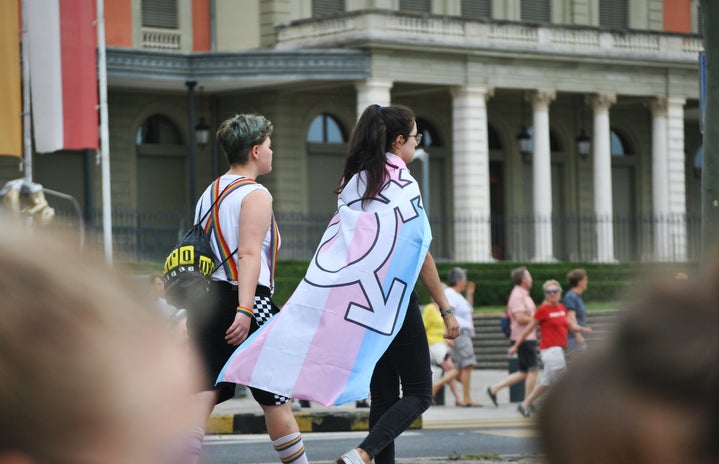 Person wearing trans pride flag