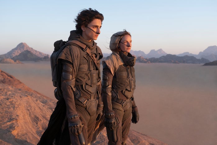 Timothee Chalamet as Paul Atreides and Rebecca Ferguson as Lady Jessica, a movie still from the film Dune 2021