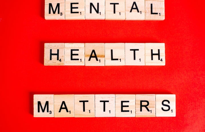 block letters spelling out \"mental health matters\" on a red background