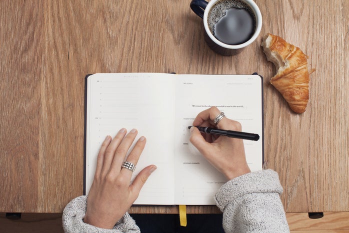 A person writing in a journal on a wooden table with a coffee cup and a croissant