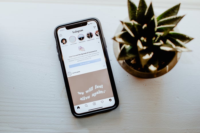 iPhone showing instagram on a table with a plant next to it