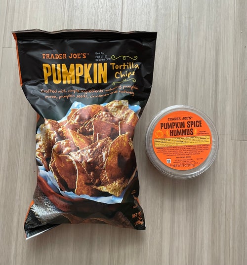 Trader Joe\'s Pumpkin Tortilla Chips and Pumpkin Spice Hummus