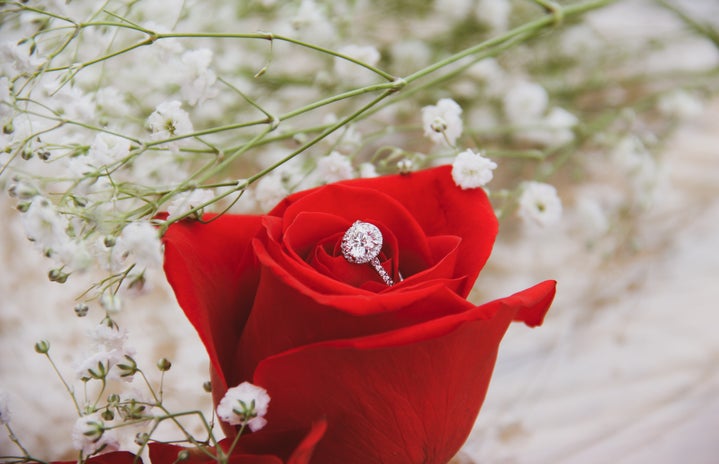 engagement ring in rose, other flowers surrounding