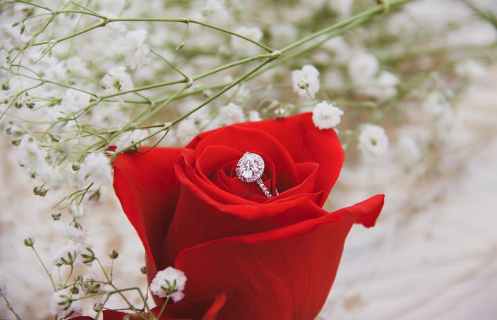 engagement ring in rose, other flowers surrounding