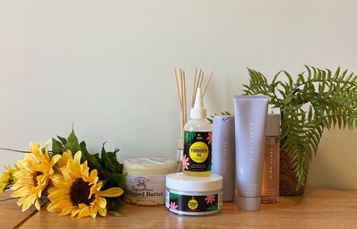 Skincare products and flowers